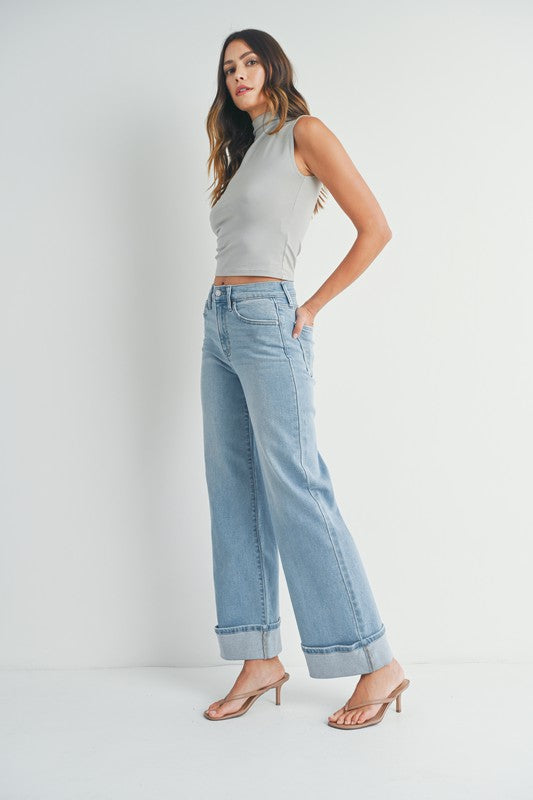 Wide Leg Cuffed Light Wash Jeans