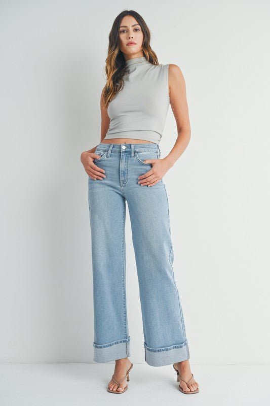 Wide Leg Cuffed Light Wash Jeans