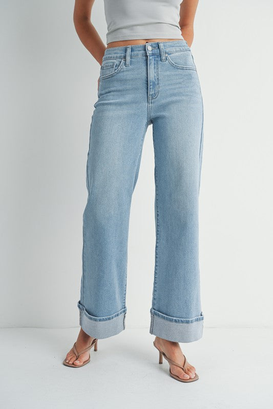 Wide Leg Cuffed Light Wash Jeans