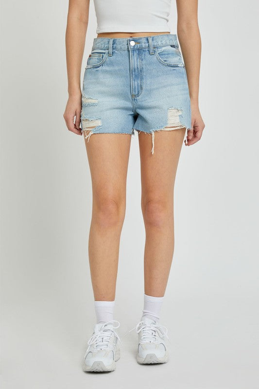 Light Distressed Denim Mom Shorts