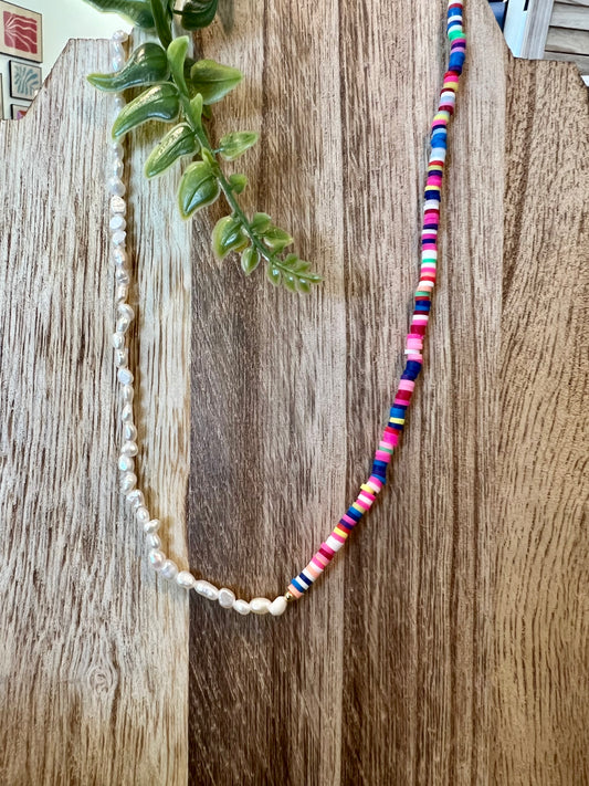 Half Clay Bead Freshwater Pearl Necklace