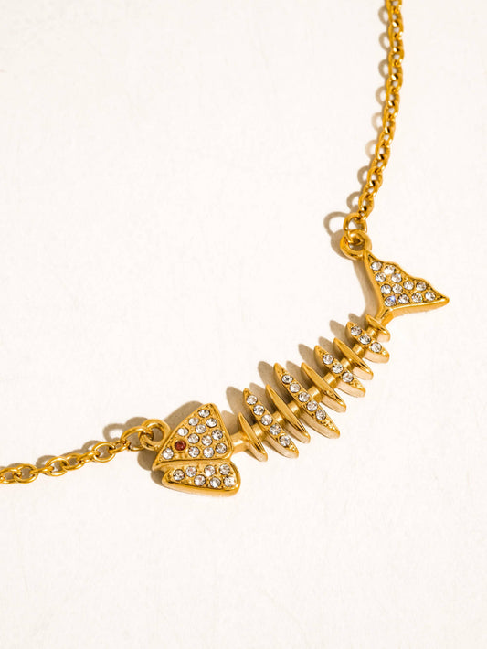 Bora 18K Gold Non-Tarnish CZ Fishbone Charm Necklace