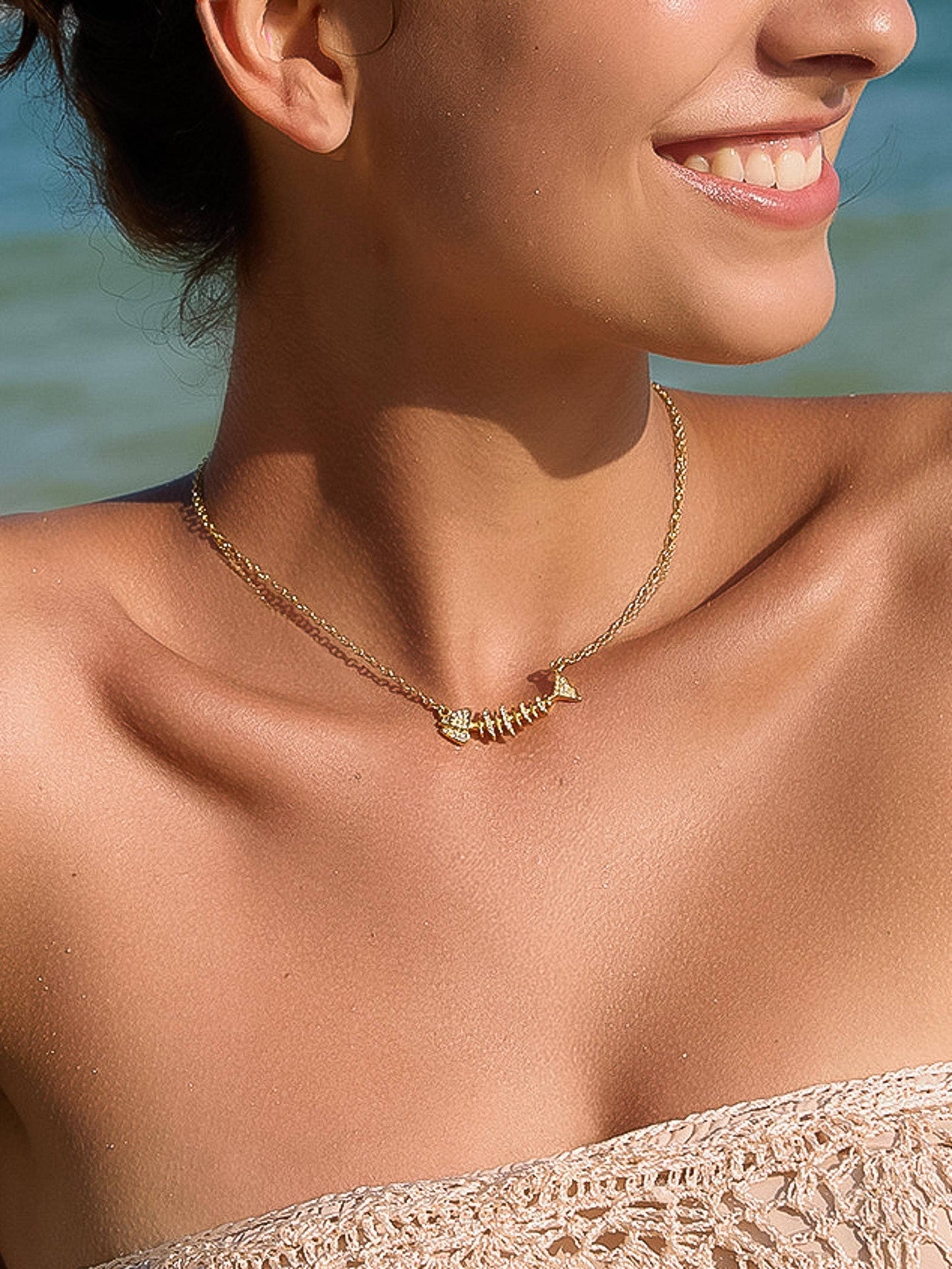 Bora 18K Gold Non-Tarnish CZ Fishbone Charm Necklace