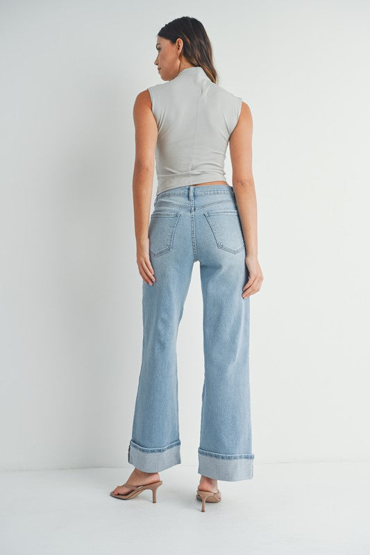 Wide Leg Cuffed Light Wash Jeans