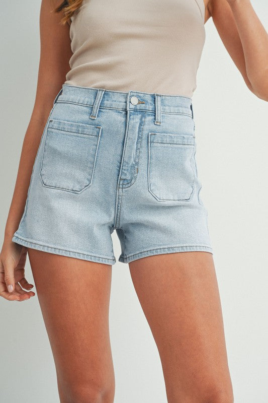 Light Wash Patch Pocket Denim Shorts