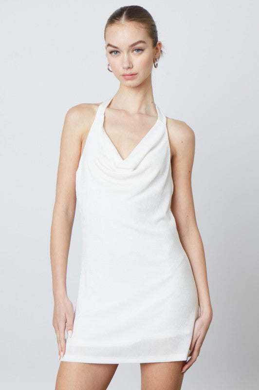White Halter Cowl Dress