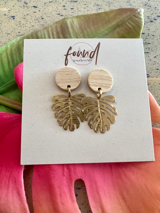 Wood Drop Brass Monstera Earrings